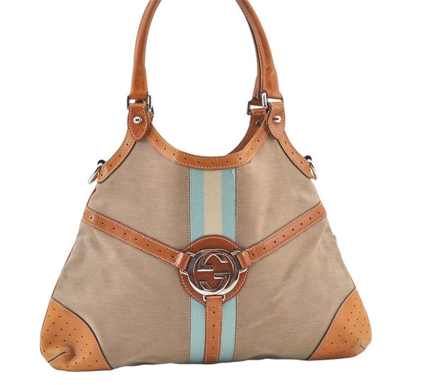 Auth GUCCI Interlocking G 2Way Shoulder Bag Canvas Leather 114875 Beige 9531J