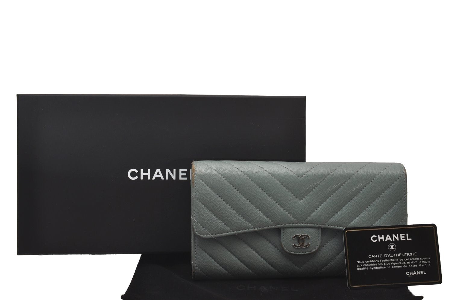 Authentic CHANEL Caviar Skin Chevron V Stitch Long Wallet Purse Blue Box 9532I