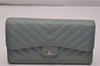 Authentic CHANEL Caviar Skin Chevron V Stitch Long Wallet Purse Blue Box 9532I