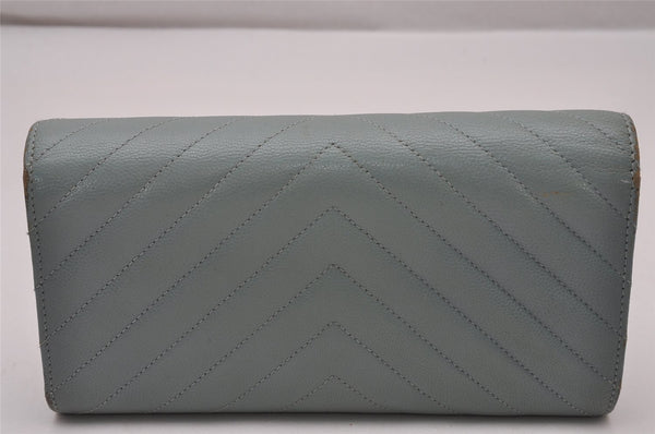 Authentic CHANEL Caviar Skin Chevron V Stitch Long Wallet Purse Blue Box 9532I