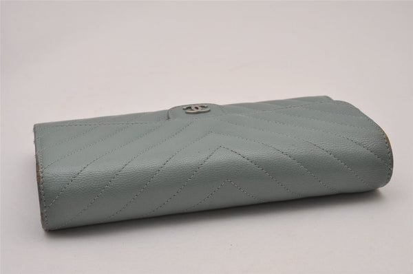 Authentic CHANEL Caviar Skin Chevron V Stitch Long Wallet Purse Blue Box 9532I