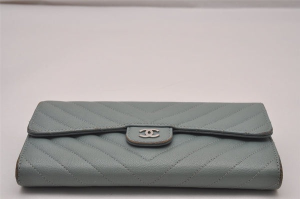 Authentic CHANEL Caviar Skin Chevron V Stitch Long Wallet Purse Blue Box 9532I