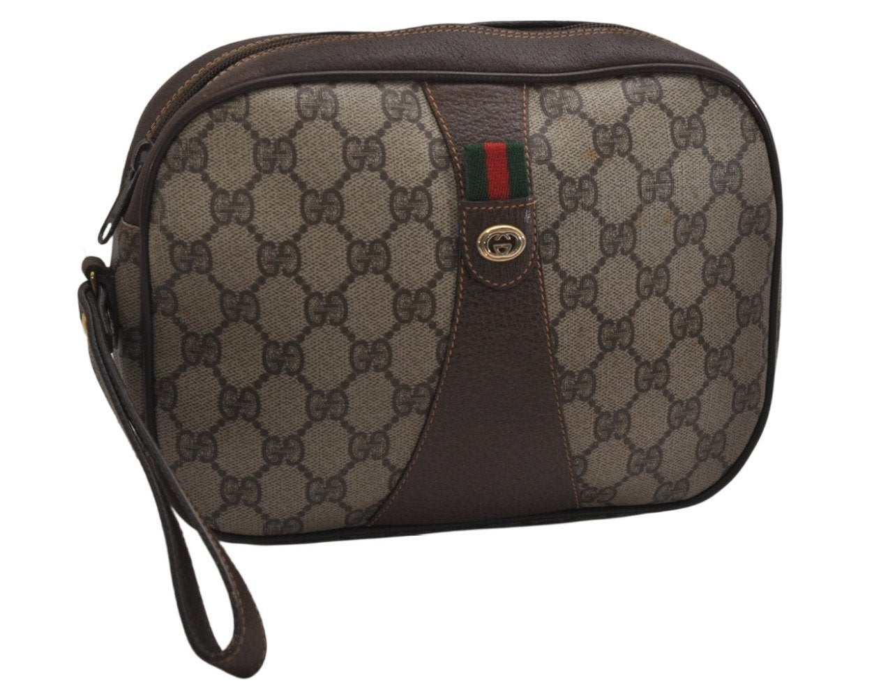 Authentic GUCCI Web Sherry Line Clutch Hand Bag GG PVC Leather Brown Junk 9537J