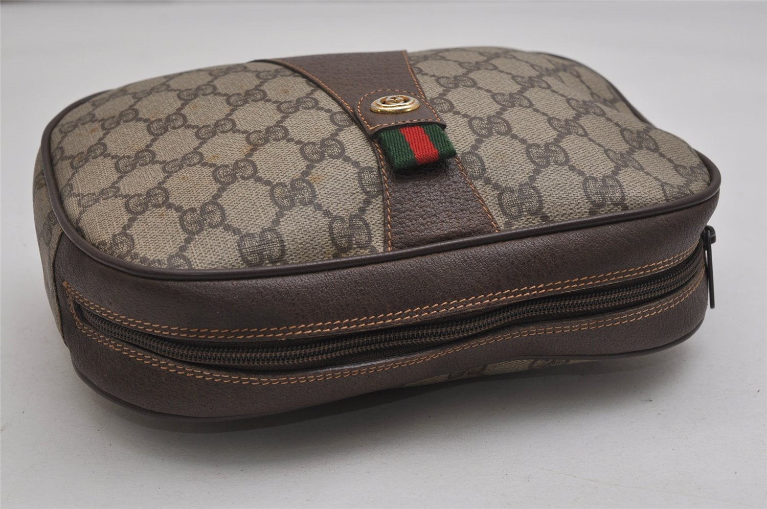 Authentic GUCCI Web Sherry Line Clutch Hand Bag GG PVC Leather Brown Junk 9537J