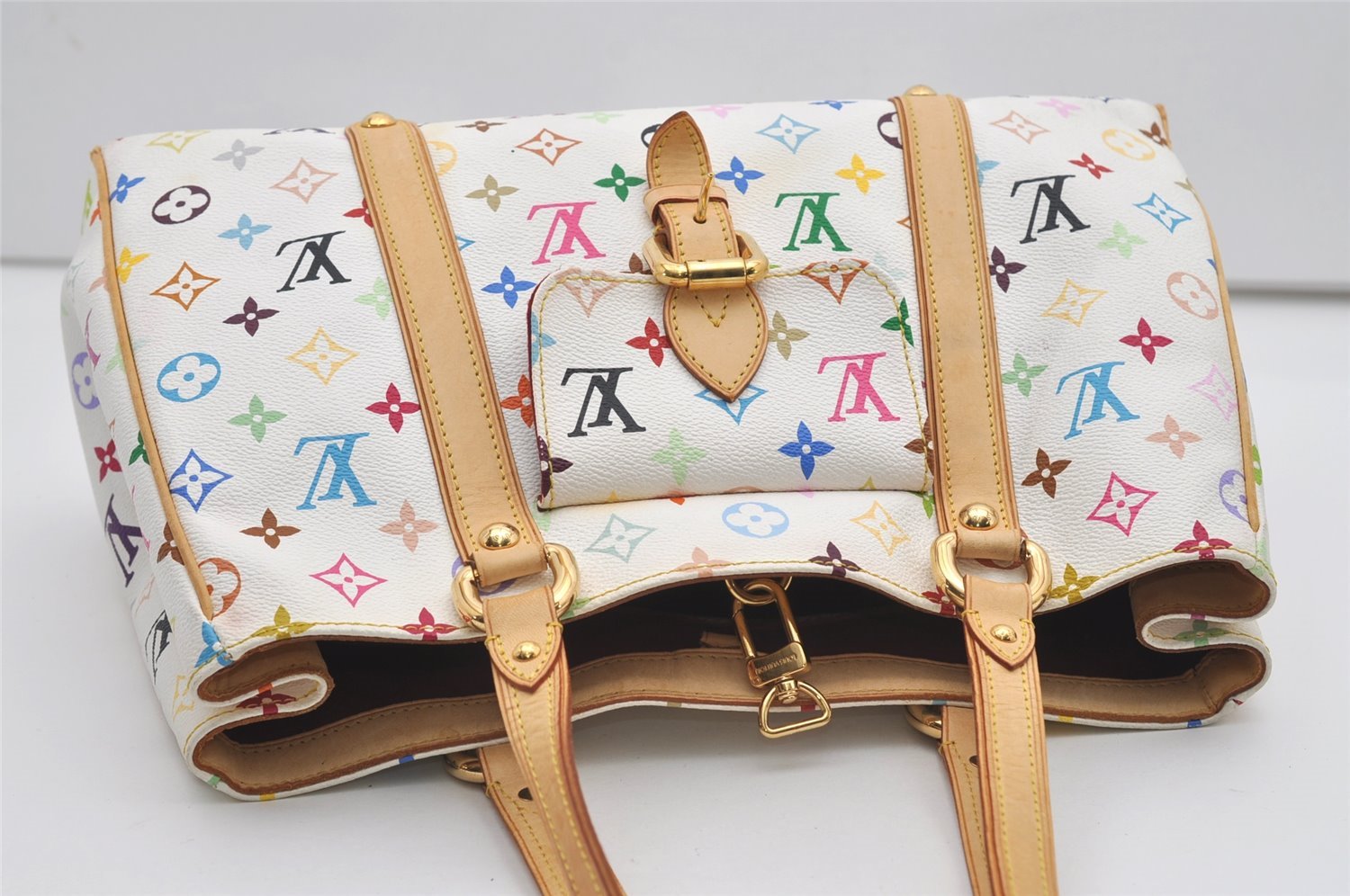 Auth Louis Vuitton Multicolor Aurelia MM White Shoulder Tote Bag M40094 LV 9538I
