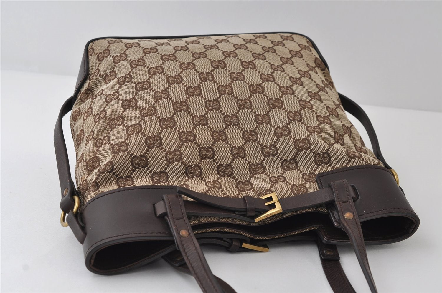 Authentic GUCCI Vintage Shoulder Tote Bag GG Canvas Leather 107757 Brown 9547I