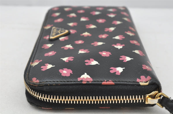 Authentic PRADA Flower Pattern Saffiano Leather Long Wallet Purse Black 9549I