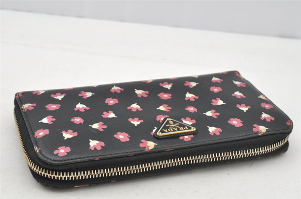 Authentic PRADA Flower Pattern Saffiano Leather Long Wallet Purse Black 9549I