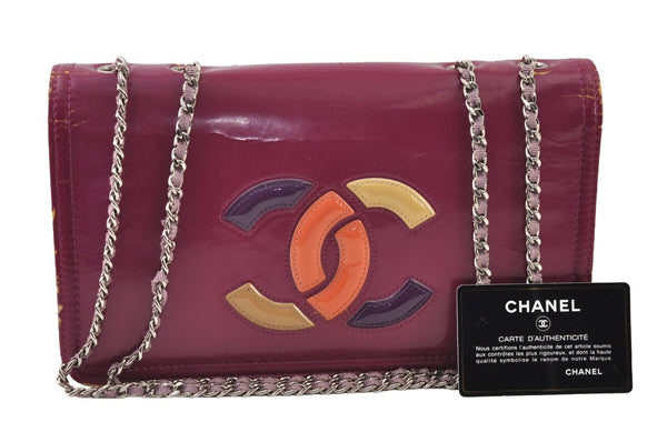 Authentic CHANEL Lipstick Enamel Leather CoCo Mark Shoulder Bag Purple 9550I