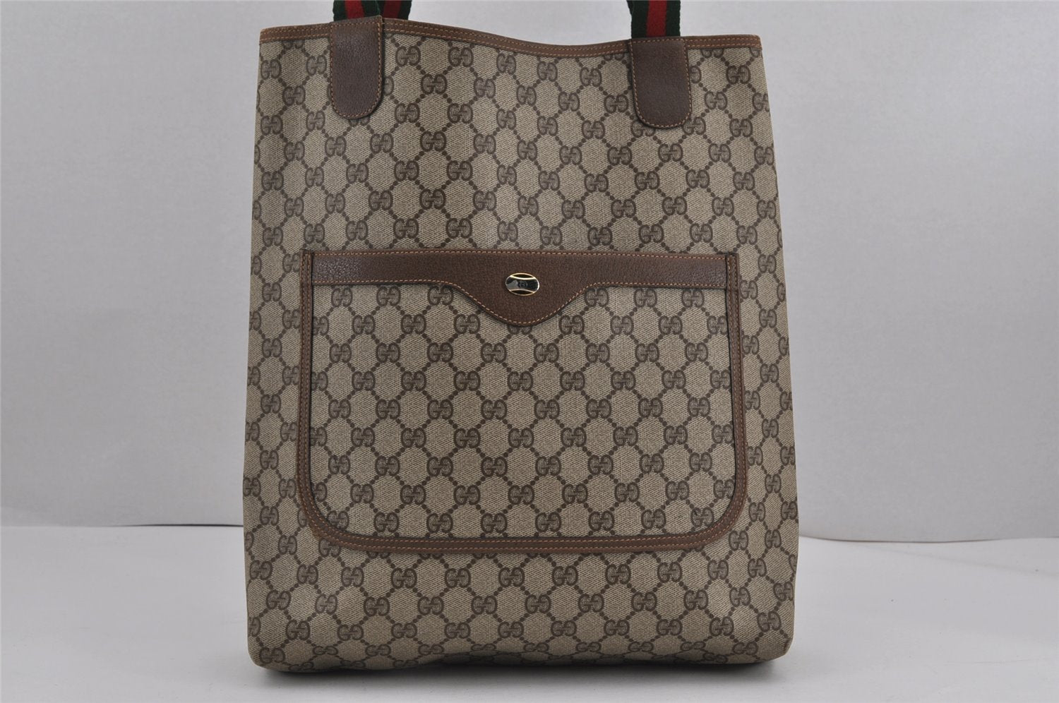 Authentic GUCCI Web Sherry Line Shoulder Tote Bag GG PVC Leather Brown 9559J