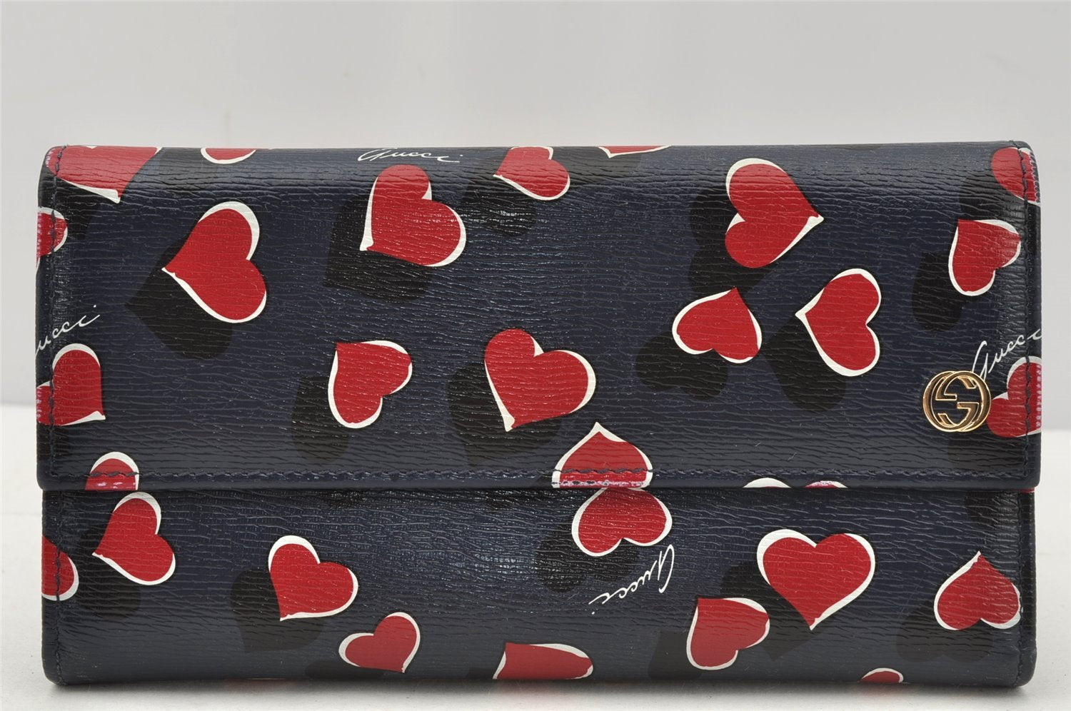 Authentic GUCCI Heart Beat Long Wallet Purse Leather 309702 Navy Blue 9561I