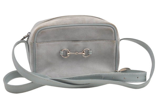 Authentic GUCCI Horsebit Shoulder Cross Bag Suede Leather Light Blue Junk 9562J