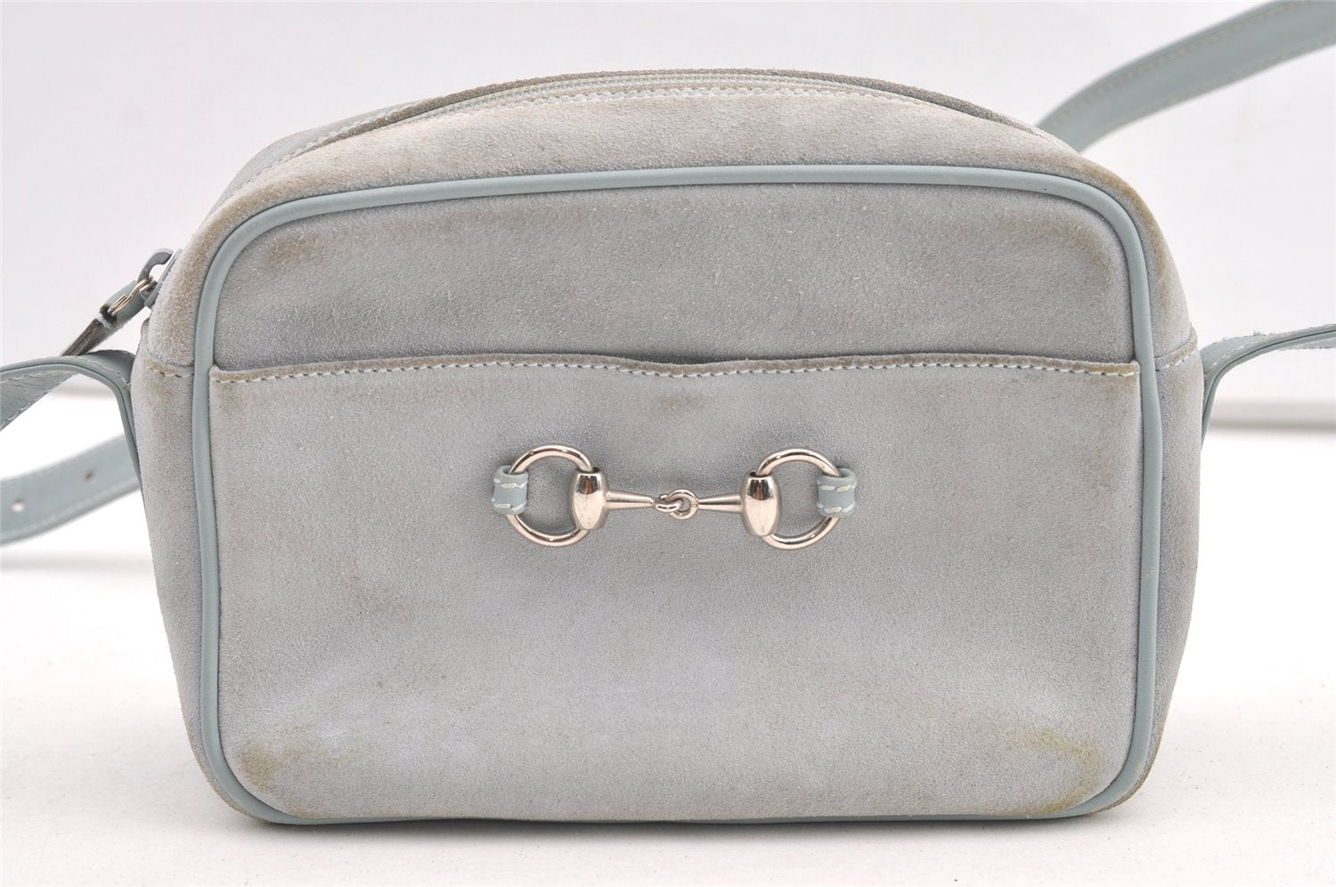 Authentic GUCCI Horsebit Shoulder Cross Bag Suede Leather Light Blue Junk 9562J