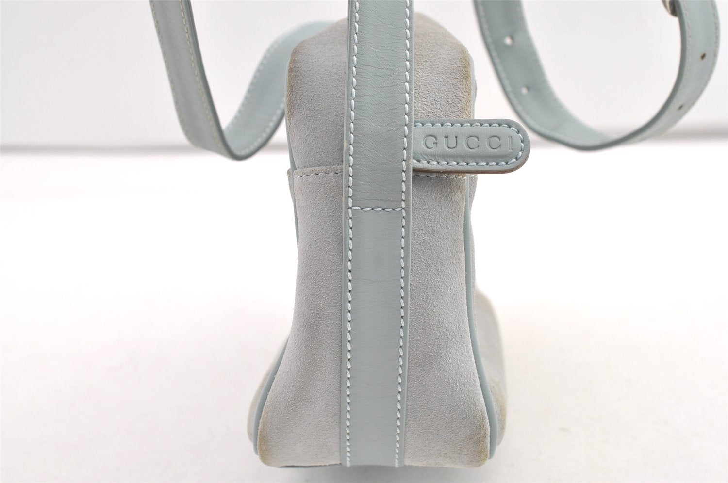 Authentic GUCCI Horsebit Shoulder Cross Bag Suede Leather Light Blue Junk 9562J