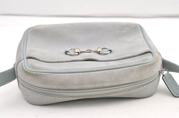 Authentic GUCCI Horsebit Shoulder Cross Bag Suede Leather Light Blue Junk 9562J