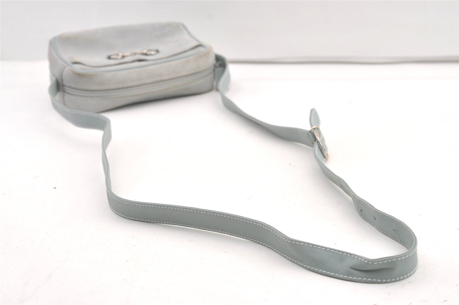 Authentic GUCCI Horsebit Shoulder Cross Bag Suede Leather Light Blue Junk 9562J