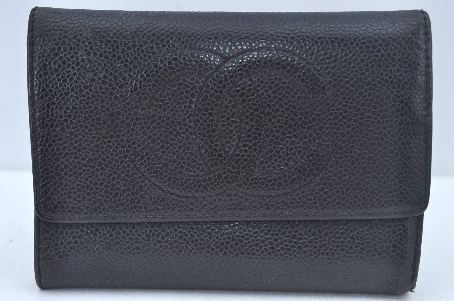 Authentic CHANEL Caviar Skin Vintage CoCo Mark Trifold Wallet Purse Black 9565I