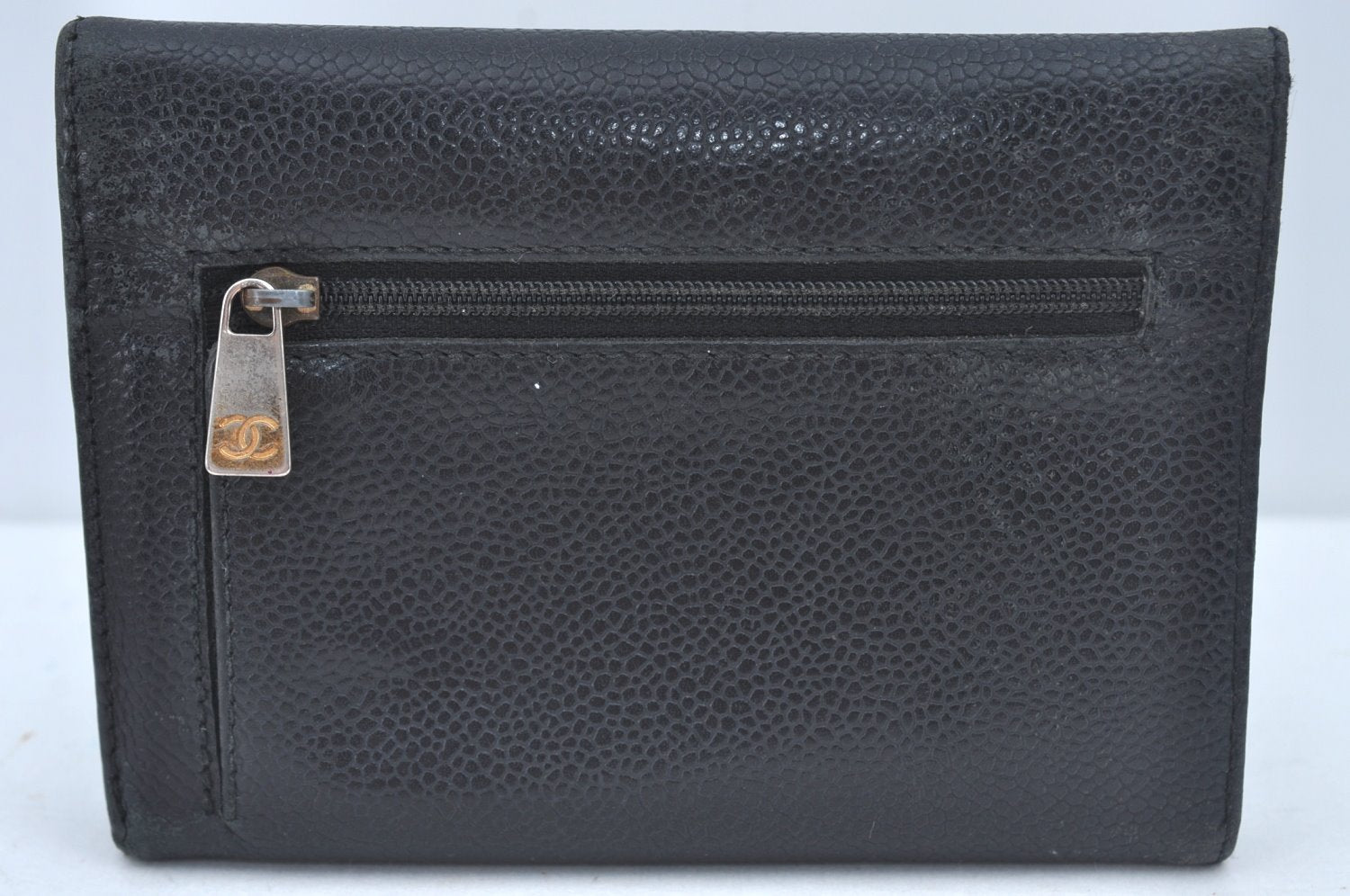 Authentic CHANEL Caviar Skin Vintage CoCo Mark Trifold Wallet Purse Black 9565I