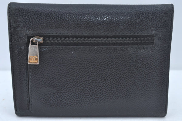 Authentic CHANEL Caviar Skin Vintage CoCo Mark Trifold Wallet Purse Black 9565I