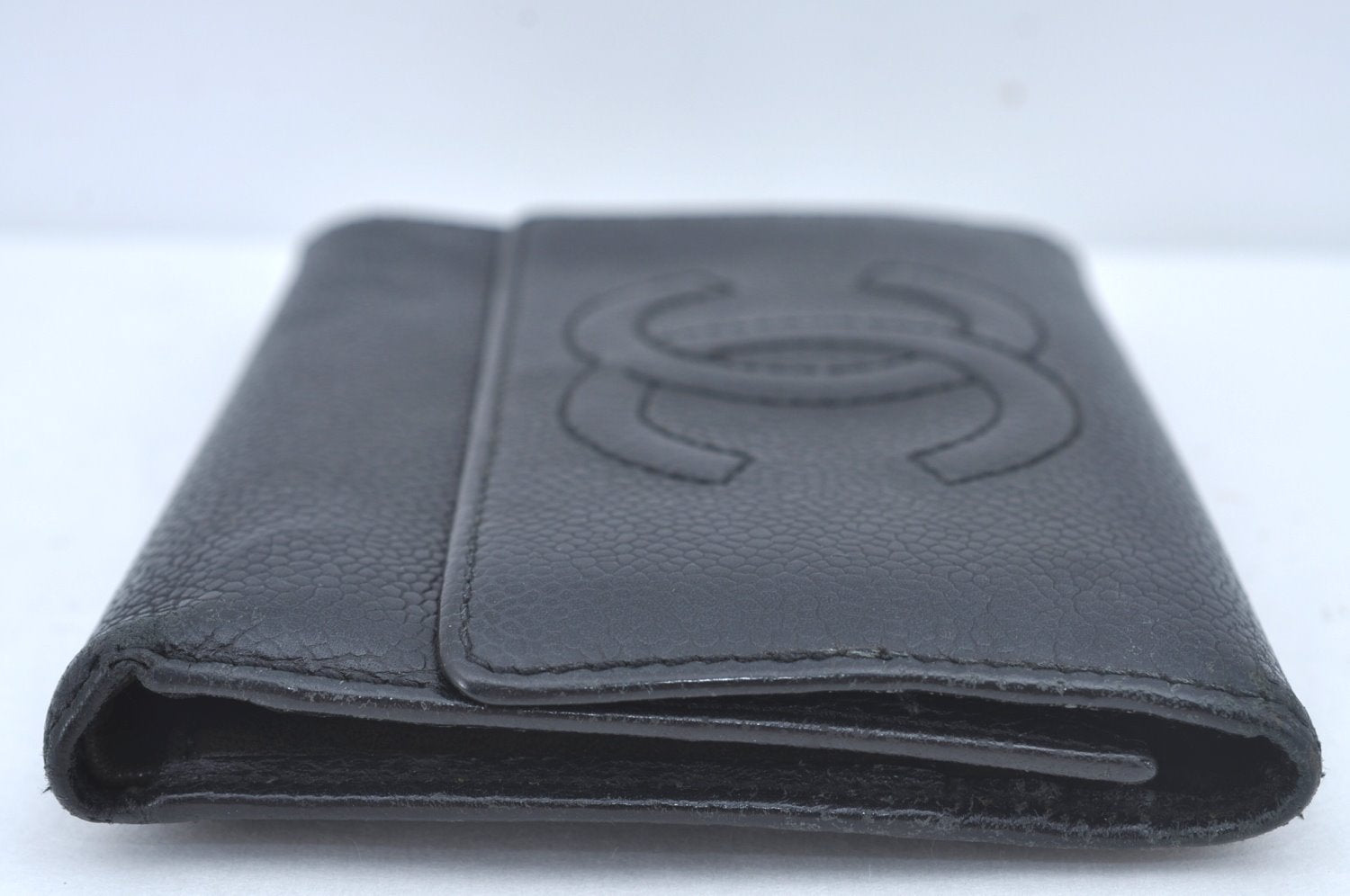 Authentic CHANEL Caviar Skin Vintage CoCo Mark Trifold Wallet Purse Black 9565I