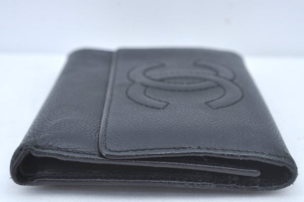 Authentic CHANEL Caviar Skin Vintage CoCo Mark Trifold Wallet Purse Black 9565I