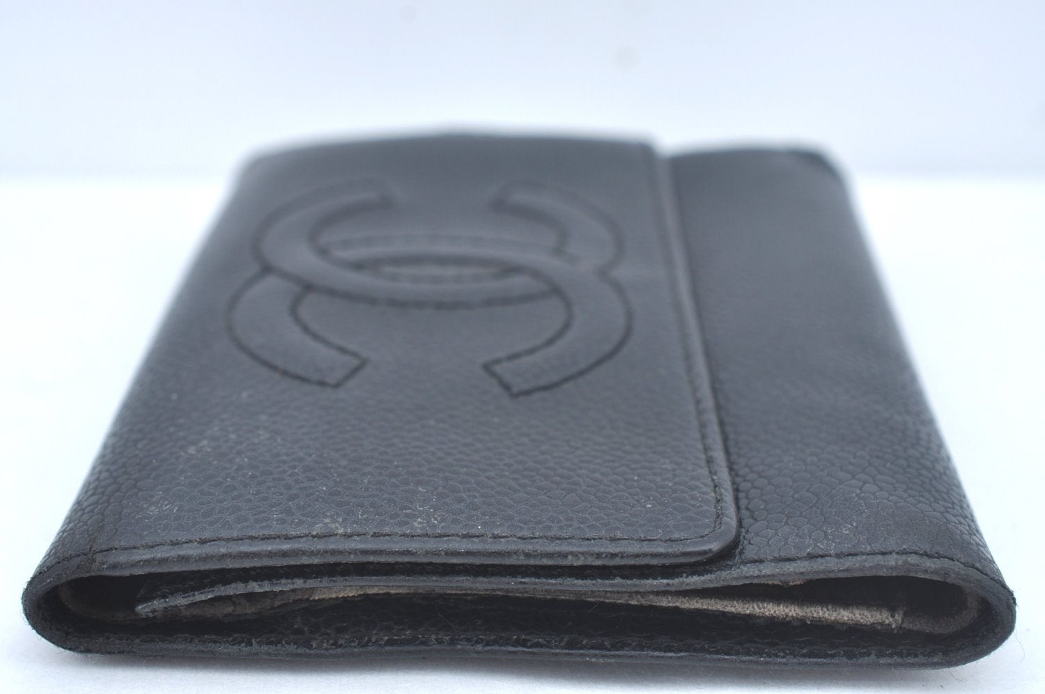 Authentic CHANEL Caviar Skin Vintage CoCo Mark Trifold Wallet Purse Black 9565I
