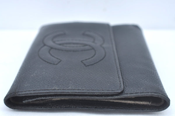 Authentic CHANEL Caviar Skin Vintage CoCo Mark Trifold Wallet Purse Black 9565I