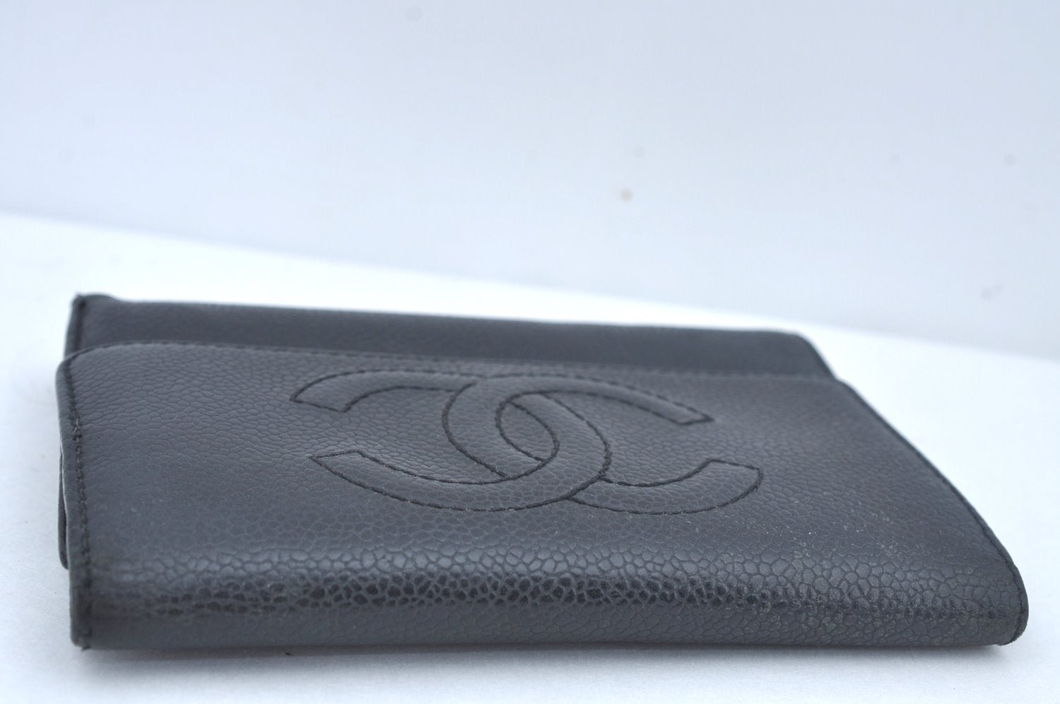 Authentic CHANEL Caviar Skin Vintage CoCo Mark Trifold Wallet Purse Black 9565I