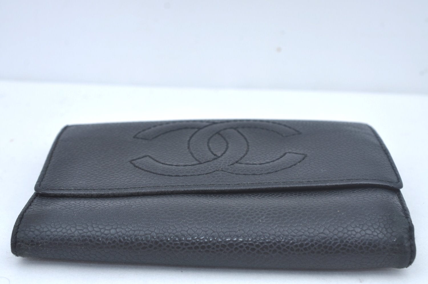 Authentic CHANEL Caviar Skin Vintage CoCo Mark Trifold Wallet Purse Black 9565I