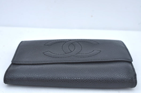 Authentic CHANEL Caviar Skin Vintage CoCo Mark Trifold Wallet Purse Black 9565I