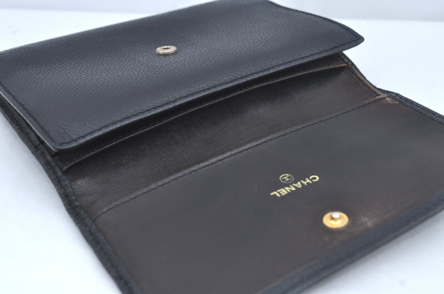 Authentic CHANEL Caviar Skin Vintage CoCo Mark Trifold Wallet Purse Black 9565I