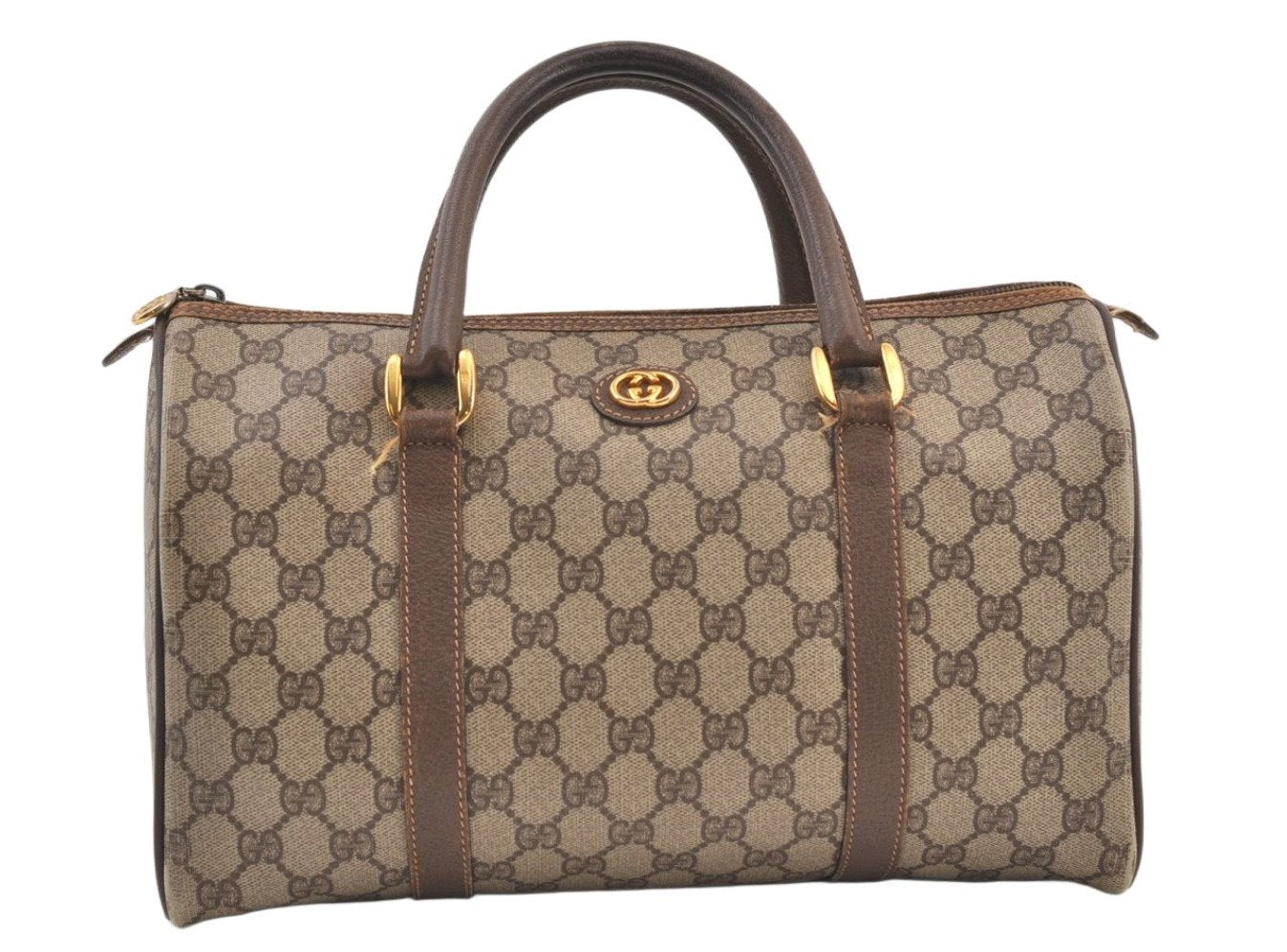 Authentic GUCCI Vintage Hand Boston Bag GG PVC Leather Brown 9568J