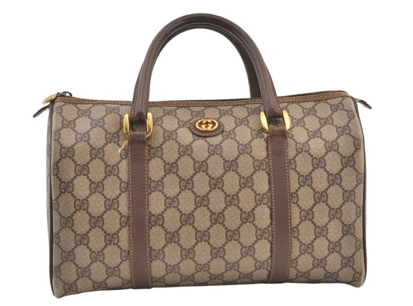 Authentic GUCCI Vintage Hand Boston Bag GG PVC Leather Brown 9568J