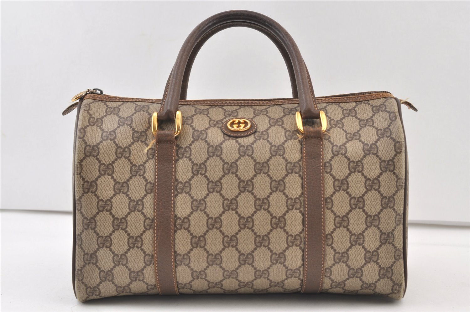 Authentic GUCCI Vintage Hand Boston Bag GG PVC Leather Brown 9568J