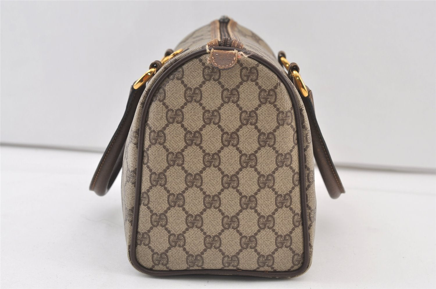 Authentic GUCCI Vintage Hand Boston Bag GG PVC Leather Brown 9568J