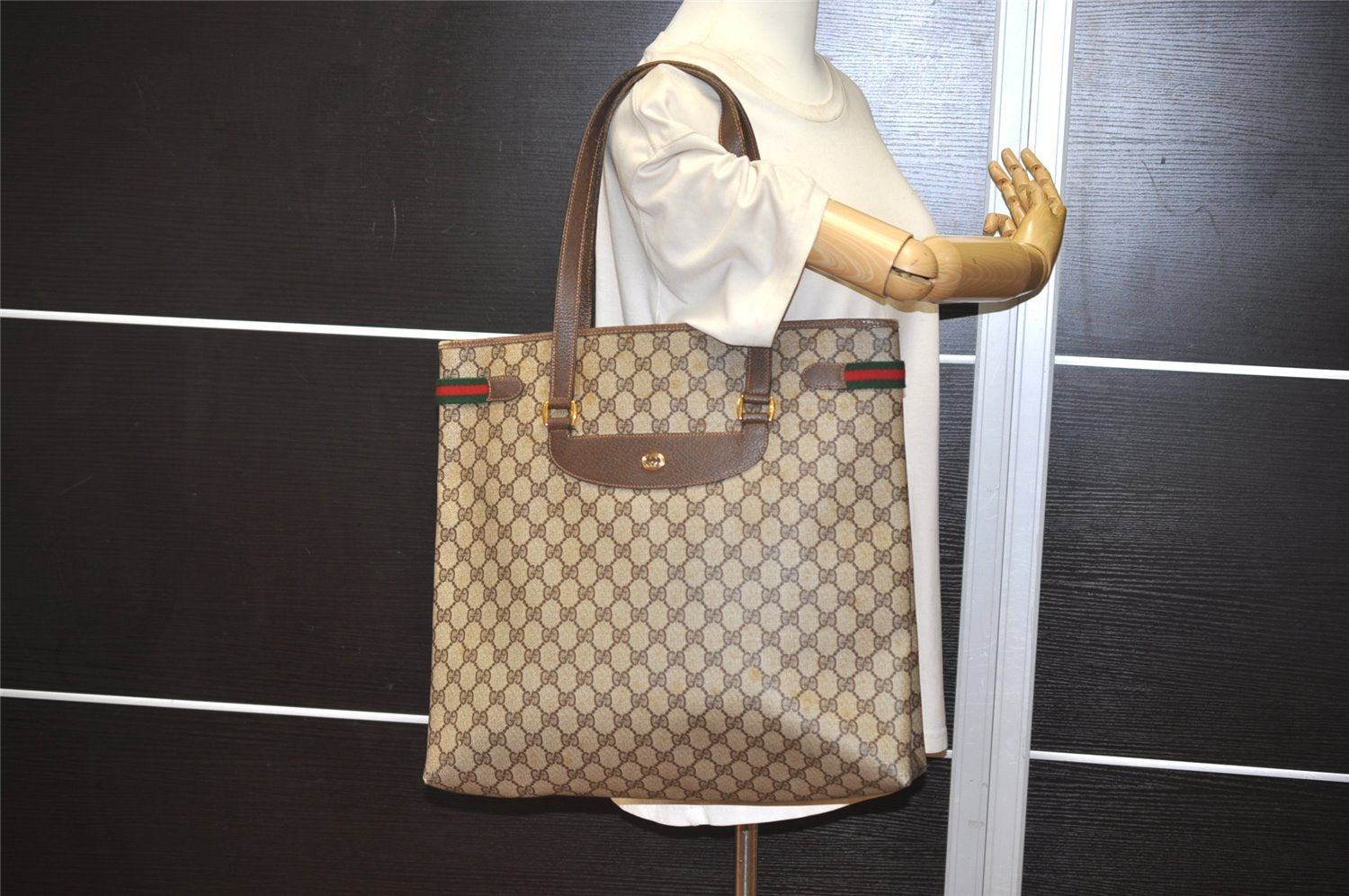 Authentic GUCCI Web Sherry Line Shoulder Tote Bag GG PVC Leather Brown 9569J