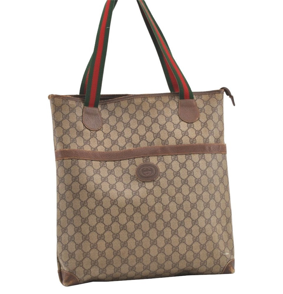 Authentic GUCCI Web Sherry Line Shoulder Tote Bag GG PVC Leather Brown 9570J