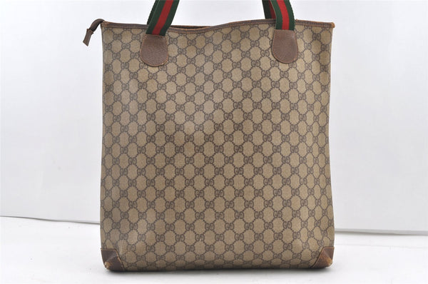 Authentic GUCCI Web Sherry Line Shoulder Tote Bag GG PVC Leather Brown 9570J