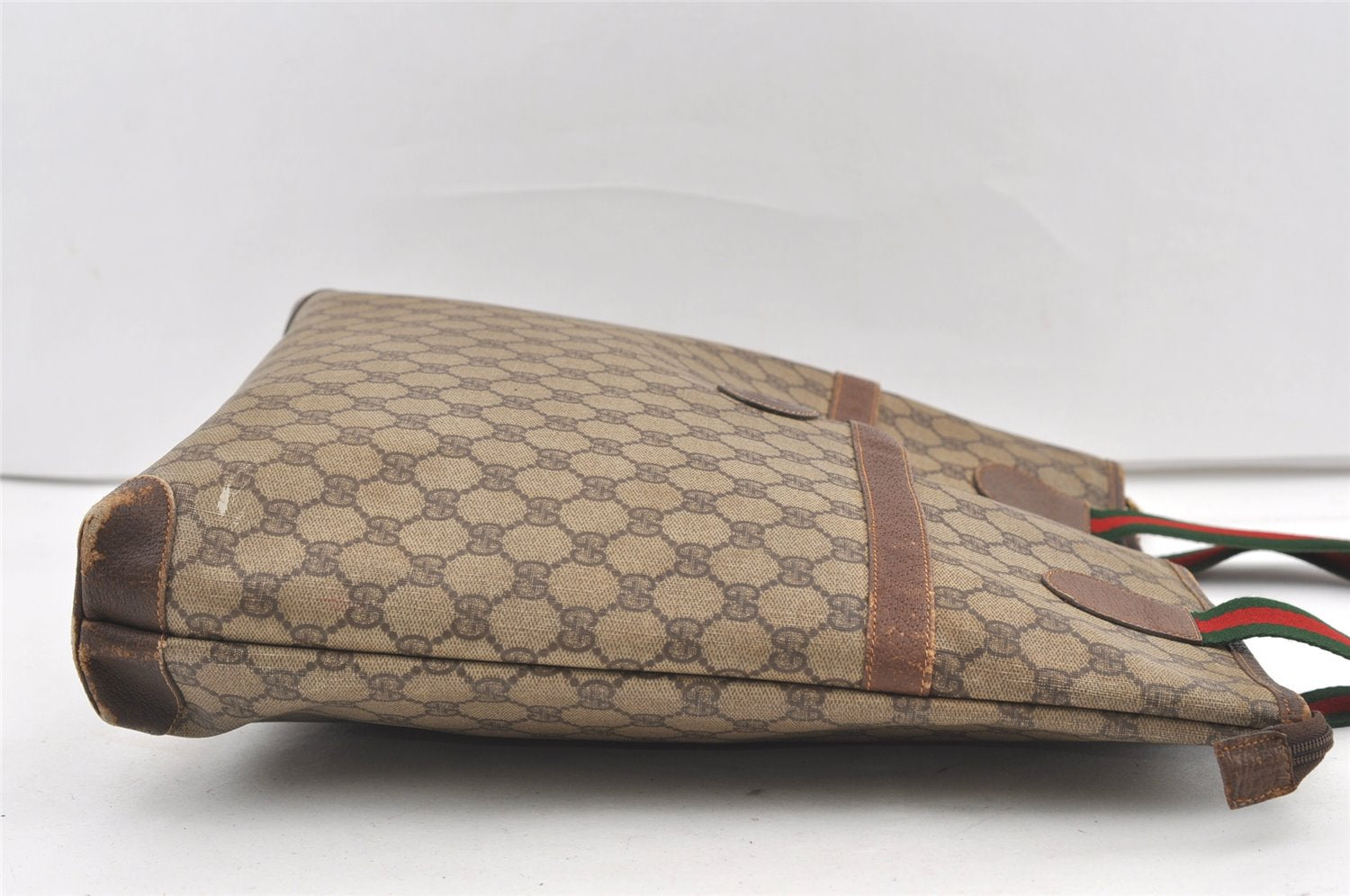 Authentic GUCCI Web Sherry Line Shoulder Tote Bag GG PVC Leather Brown 9570J