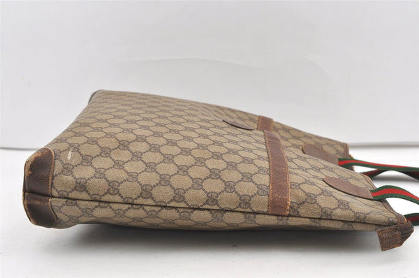 Authentic GUCCI Web Sherry Line Shoulder Tote Bag GG PVC Leather Brown 9570J