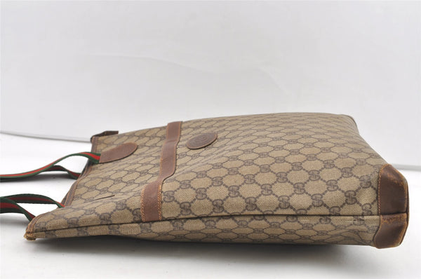 Authentic GUCCI Web Sherry Line Shoulder Tote Bag GG PVC Leather Brown 9570J