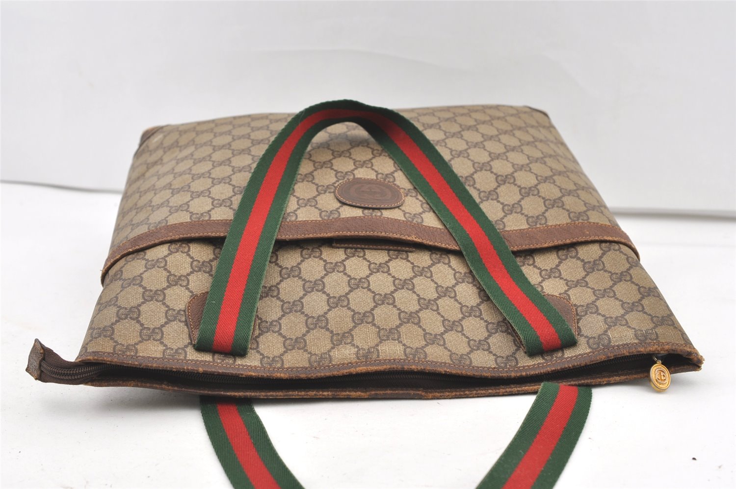 Authentic GUCCI Web Sherry Line Shoulder Tote Bag GG PVC Leather Brown 9570J