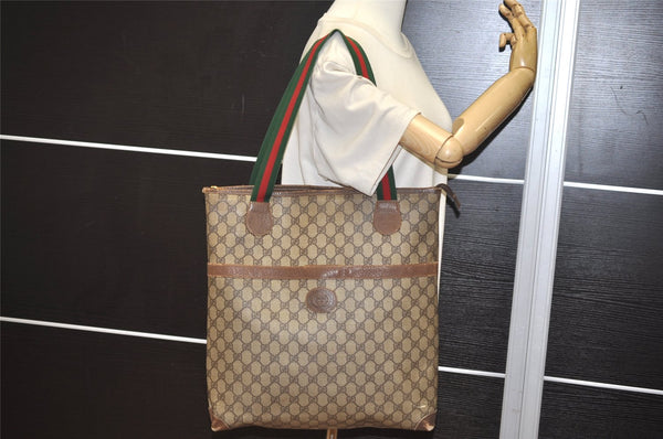 Authentic GUCCI Web Sherry Line Shoulder Tote Bag GG PVC Leather Brown 9570J