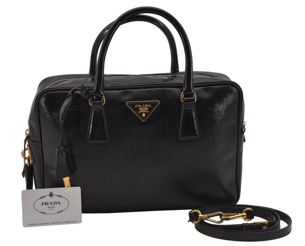 Authentic PRADA SAFFIANO VERNIC Enamel 2Way Shoulder Hand Bag BL0095 Black 9575I