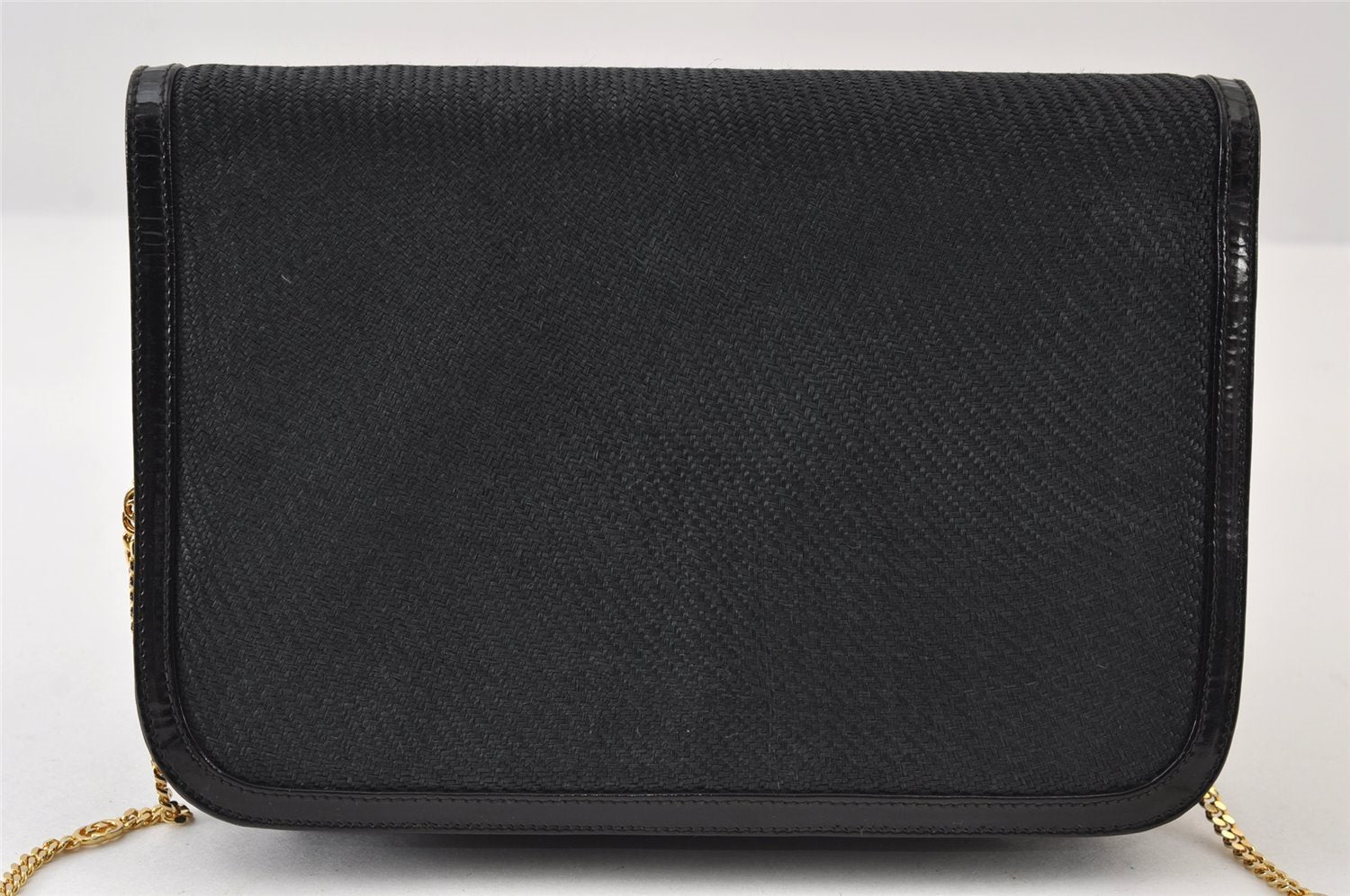 Authentic GUCCI Chain Shoulder Cross Bag Purse Straw Enamel Black 9577I