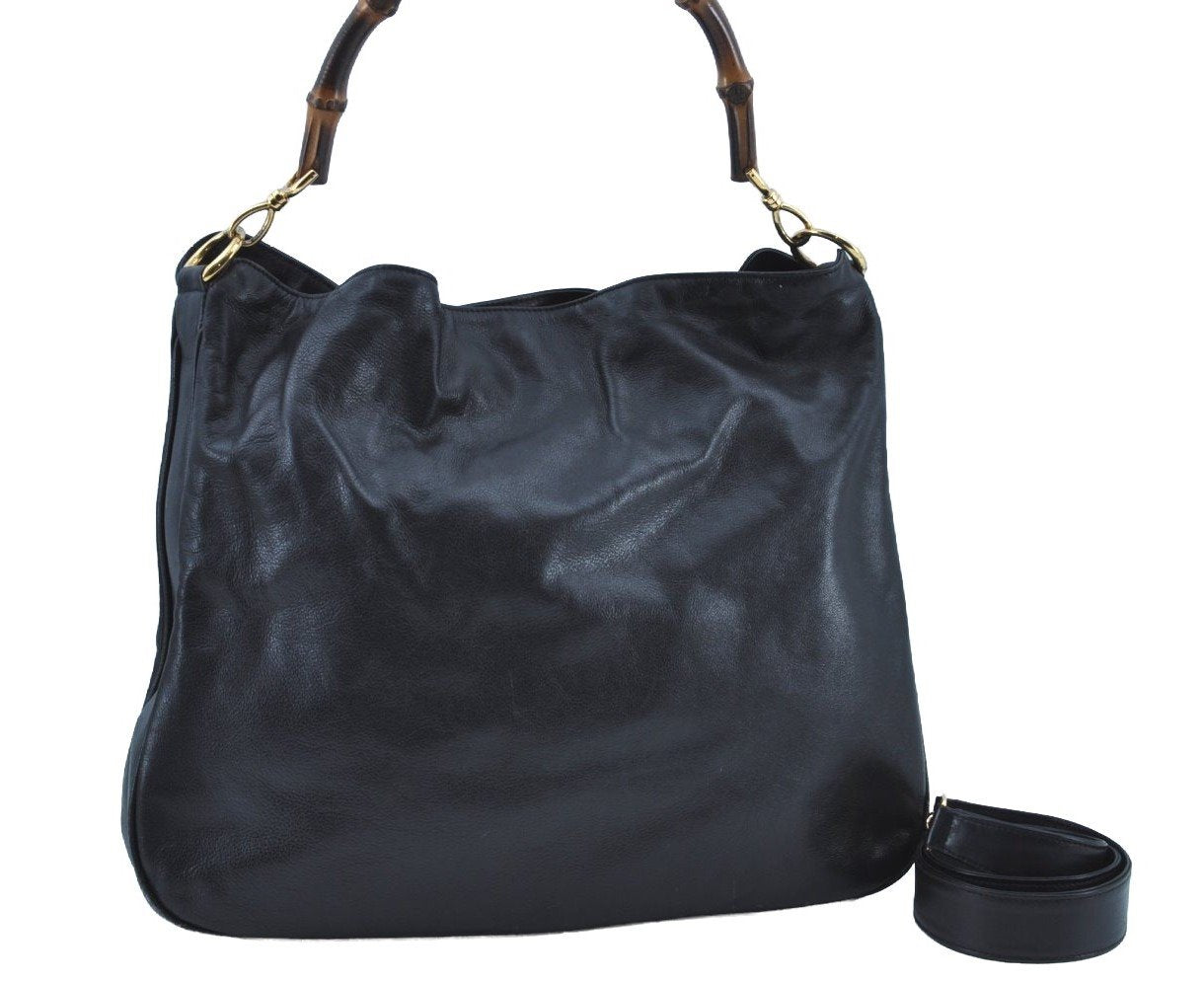 Authentic GUCCI Vintage Bamboo 2Way Shoulder Tote Bag Leather Black Junk 9580H