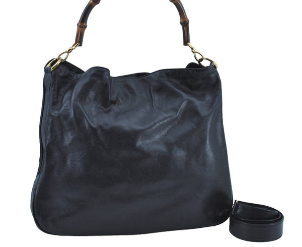 Authentic GUCCI Vintage Bamboo 2Way Shoulder Tote Bag Leather Black Junk 9580H