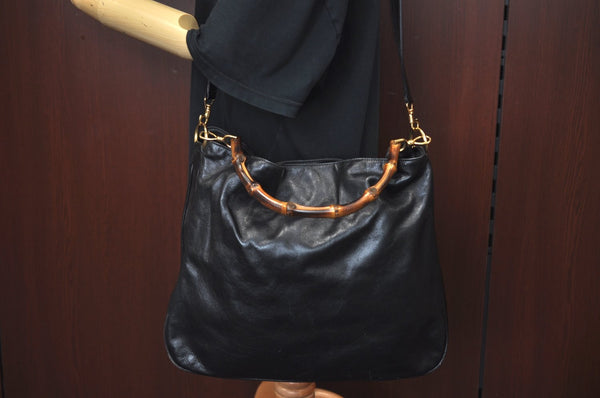 Authentic GUCCI Vintage Bamboo 2Way Shoulder Tote Bag Leather Black Junk 9580H
