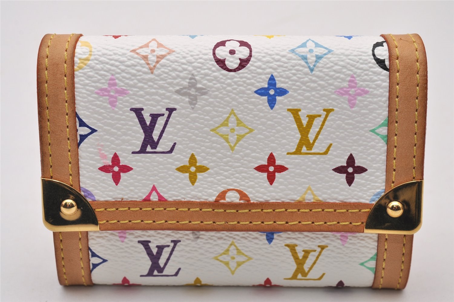 Auth Louis Vuitton Monogram Multicolor Porte Monnaie Plat Coin Purse White 9593I