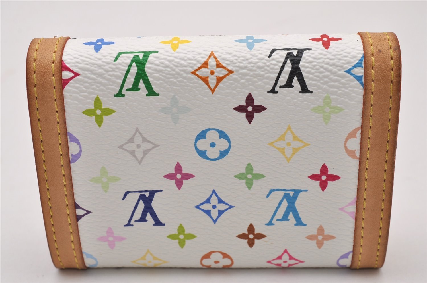 Auth Louis Vuitton Monogram Multicolor Porte Monnaie Plat Coin Purse White 9593I